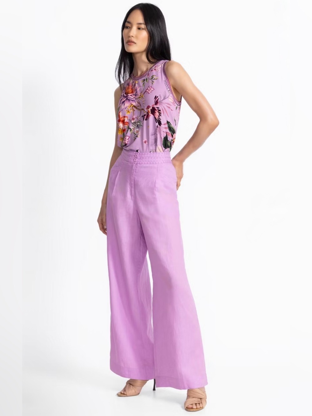 Johnny Was JW Madaleina Wide Leg Linen Embroidered Pleat Pants